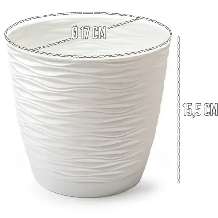 Tradineur - Maceta redonda con plato - Diseño Wind (Ø 17 cm) - Fabricado en plástico - Ideal para jardín exterior, terraza o bal