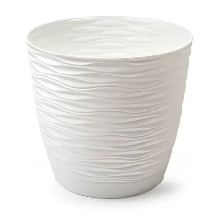 Tradineur - Maceta redonda con plato - Diseño Wind (Ø 17 cm) - Fabricado en plástico - Ideal para jardín exterior, terraza o bal