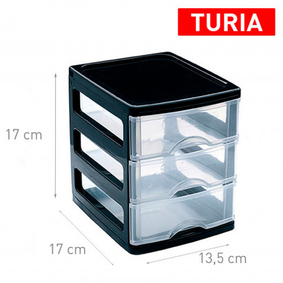 Plastic Forte - Cajonera de plástico Turia, 3 cajones transparentes, torre almacenaje, sobremesa, escritorio, baño, oficina (Negro, 17 x 13,5 x 17 cm)