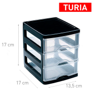 Plastic Forte - Cajonera de plástico Turia, 3 cajones transparentes, torre almacenaje, sobremesa, escritorio, baño, oficina (Negro, 17 x 13,5 x 17 cm)