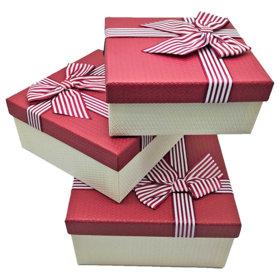 Set 3 cajas de regalo cuadradas con lazo, 3 tamaños distintos, cajas decorativas con tapa, presentación para navidad, cumpleaños (Granate, 19,5 cm, 17,5 cm y 15,5 cm)