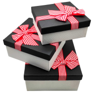 Set de 3 cajas regalo cuadradas con lazo, 3 tamaños distintos, cajas decorativas con tapa, presentación para navidad, cumpleaños (Negro, 19,5 cm, 17,5 cm y 15,5 cm)