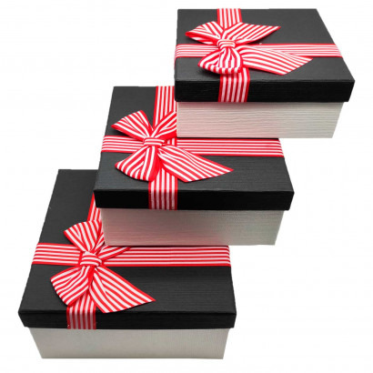 Set de 3 cajas regalo cuadradas con lazo, 3 tamaños distintos, cajas decorativas con tapa, presentación para navidad, cumpleaños (Negro, 19,5 cm, 17,5 cm y 15,5 cm)