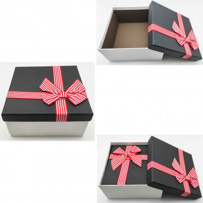 Set de 3 cajas regalo cuadradas con lazo, 3 tamaños distintos, cajas decorativas con tapa, presentación para navidad, cumpleaños (Negro, 19,5 cm, 17,5 cm y 15,5 cm)