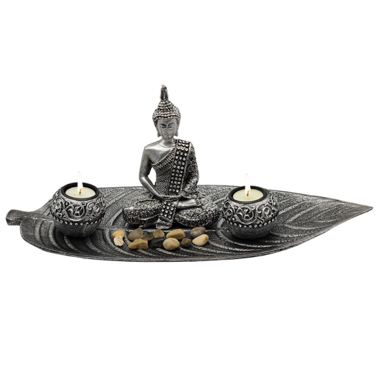 Figura de buda meditando con base de hoja y velas, resina, estatua de buda decorativa, meditación, decoración zen del hogar, 18 x 45 x 17,5 cm