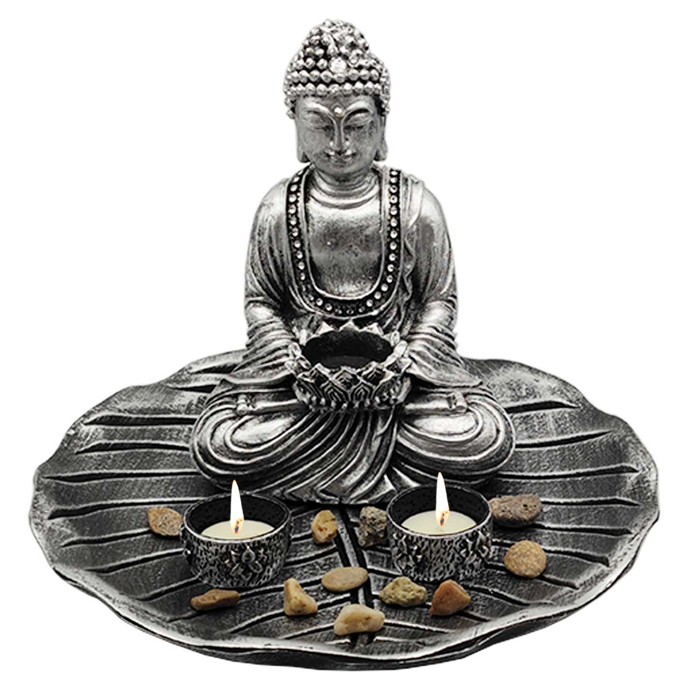 Figura de buda sentado meditando con base de hoja y velas, resina, estatua de buda decorativa, meditación, decoración zen del hogar, 22 x 28 x 28 cm