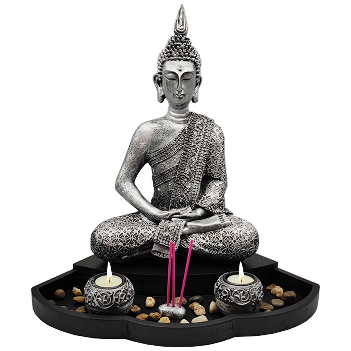 Figura de buda Dhyana meditando con altar y velas, resina, estatua de buda decorativa, meditación, decoración zen del hogar, 40 x 40 x 27 cm