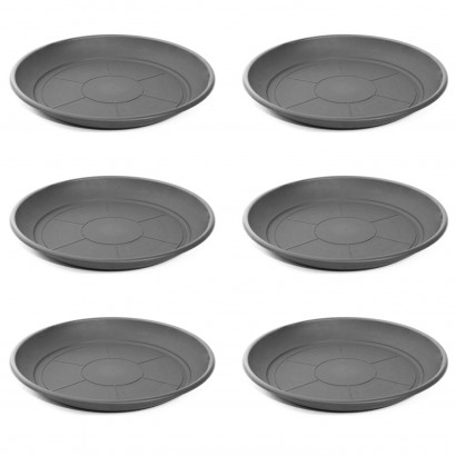 Pack de 6 platos de plástico gris para macetas de 30-40 cm "Mediterránea". Bandejas, platillos redondos para tiestos de interior, exterior, jardín, terraza o balcón (Gris oscuro)