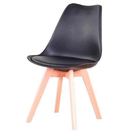 Silla de plástico con cojín y patas de madera, estilo nórdico, silla de interior, diseño escandinavo, color negro, 81 x 46 x 53