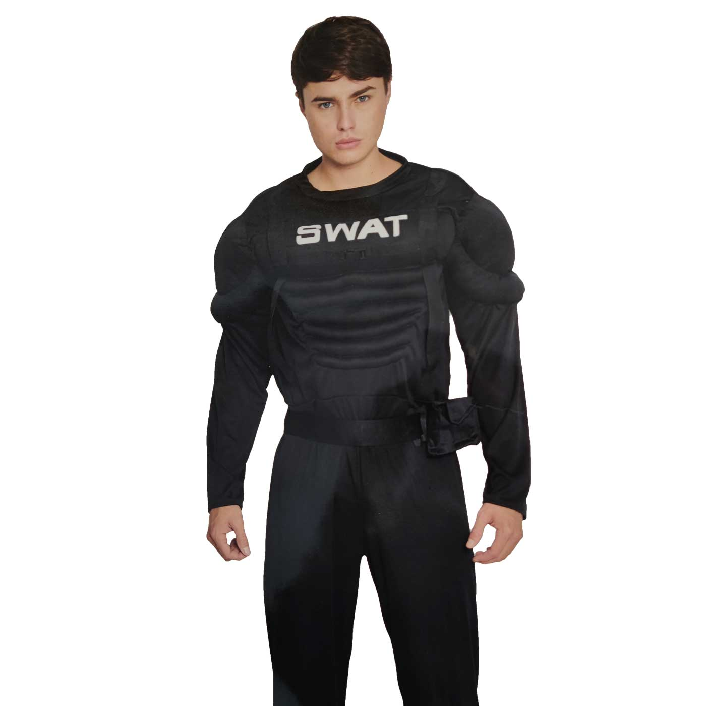 Disfraz de agente SWAT musculoso de color negro para jóvenes y adultos para carnaval, halloween, celebraciones, talla M