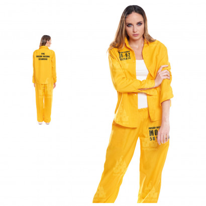 Disfraz de presidiaria amarillo, fibra sintética, incluye camiseta y pantalón, preso, cárcel, carnaval, halloween, cosplay, adulto mujer, talla S