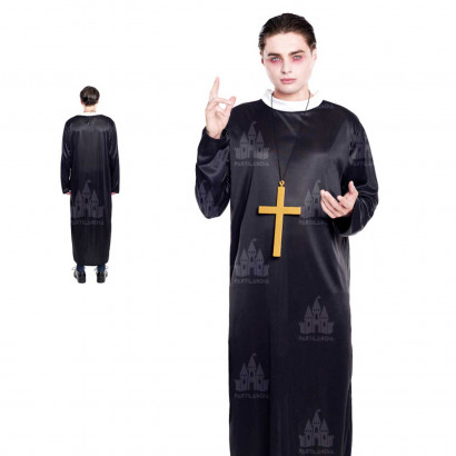 Disfraz de cura de color negro con crucifijo como colgante para jóvenes y adultos para carnaval, halloween, talla M