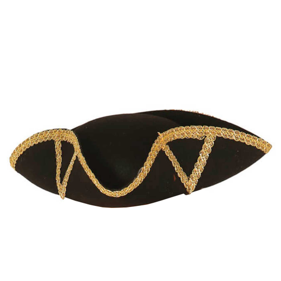 Clásico sombrero de almirante de fieltro color negro con relieve dorado para jóvenes y adultos. Complemento para carnaval, halloween y celebraciones. Tamaño: 9 x 37 x 39 cm