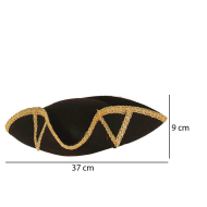 Clásico sombrero de almirante de fieltro color negro con relieve dorado para jóvenes y adultos. Complemento para carnaval, halloween y celebraciones. Tamaño: 9 x 37 x 39 cm