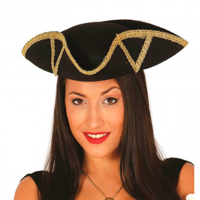 Clásico sombrero de almirante de fieltro color negro con relieve dorado para jóvenes y adultos. Complemento para carnaval, halloween y celebraciones. Tamaño: 9 x 37 x 39 cm