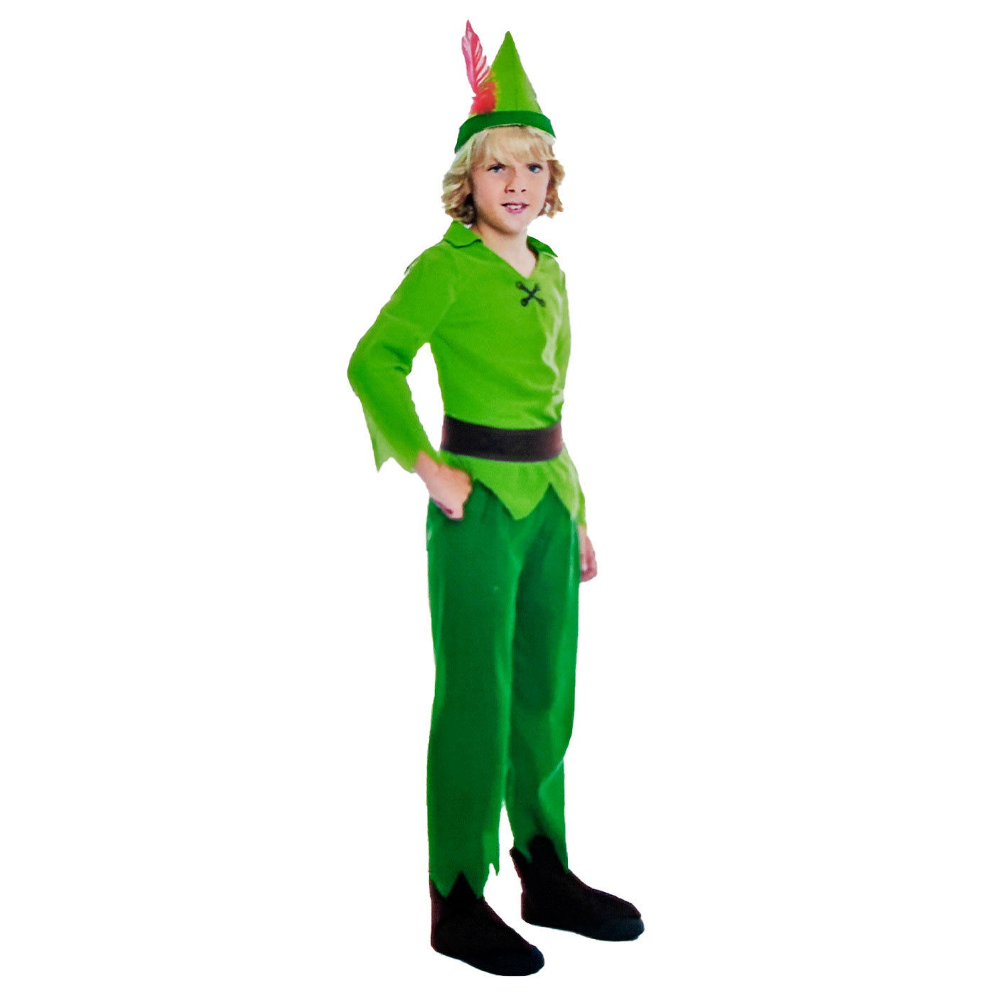 Disfraz Peter Pan infantil, fibra sintética, incluye gorro, camisa, pantalón, cinturón y cubrebotas, carnaval, halloween, cosplay, niños (3-4 años)