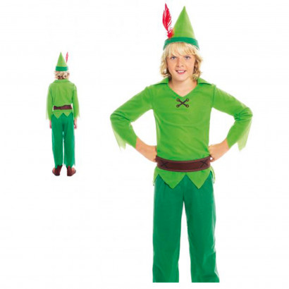 Disfraz Peter Pan infantil, fibra sintética, incluye gorro, camisa, pantalón, cinturón y cubrebotas, carnaval, halloween, cosplay, niños (3-4 años)