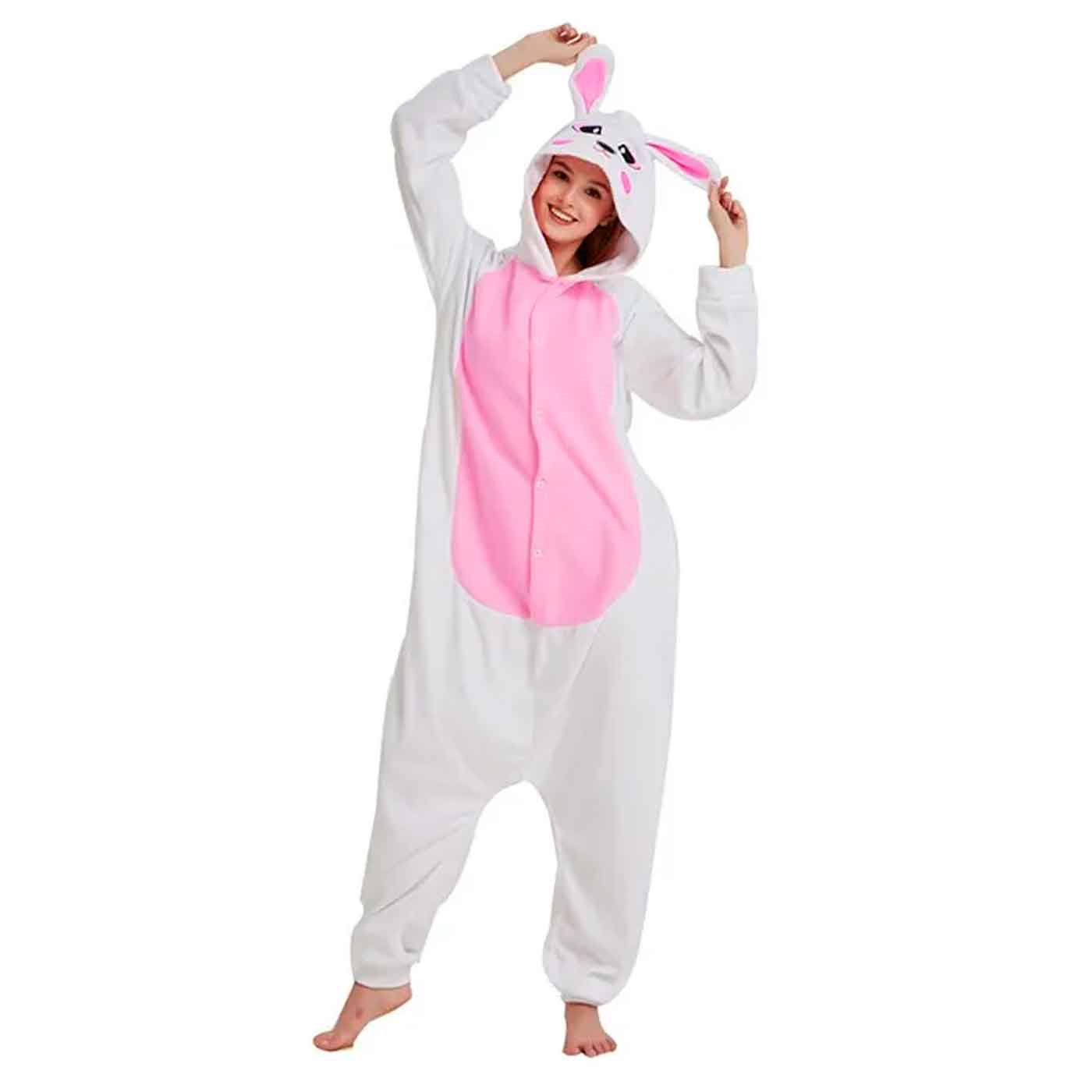 Disfraz de conejo color blanco con detalles en rosa para jóvenes y adultos para carnaval, halloween, celebraciones, talla L