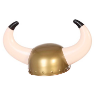 Casco de vikingo color bronce, ideal para complementar disfraces en carnaval, halloween y celebraciones. Tamaño: 22 x 38 x 22 cm