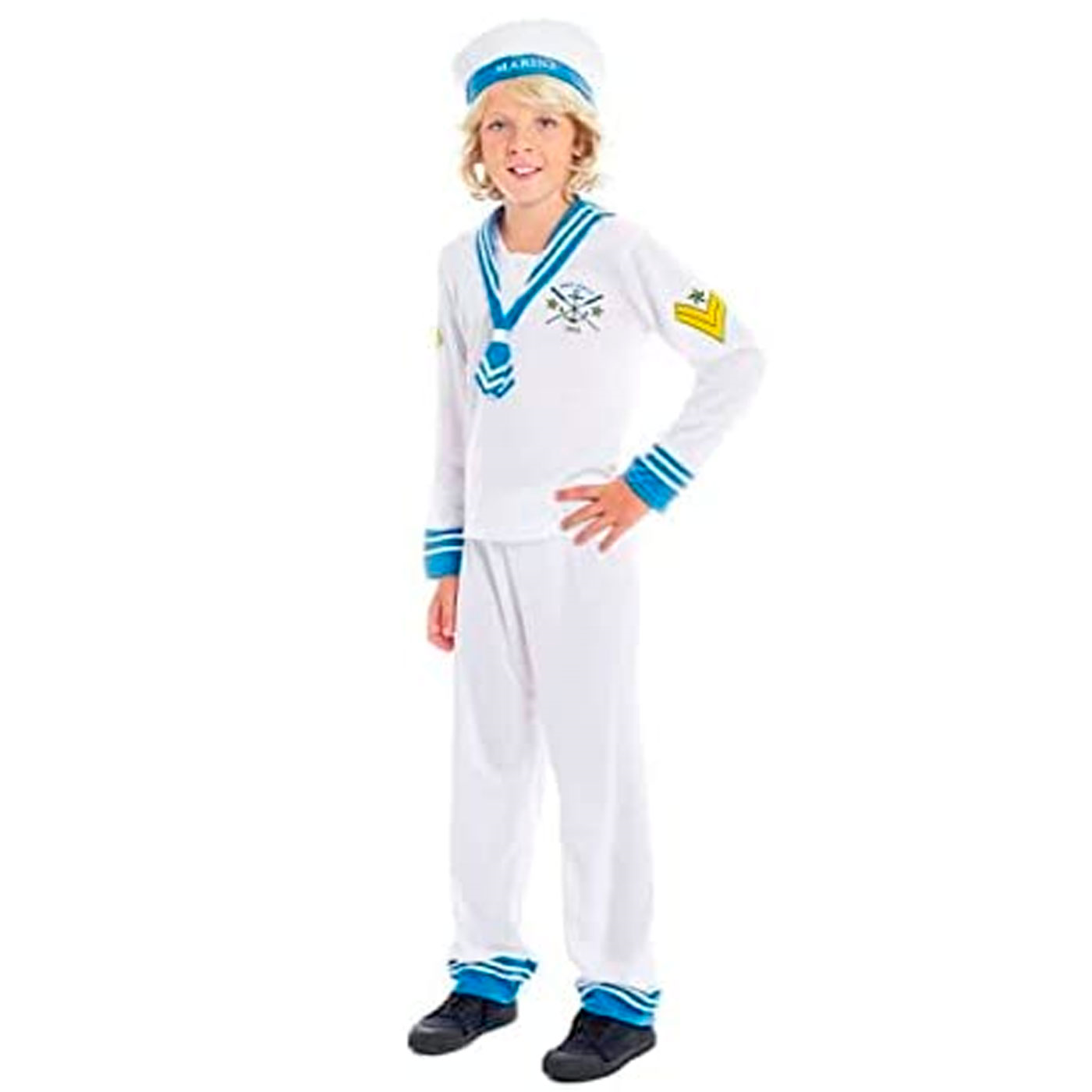 Disfraz marinero color blanco con detalles azules de 3 - 4 años para las fiestas carnavales, fiestas, celebraciones.