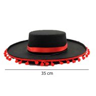 Sombrero cordobés negro con bolas rojas para jóvenes y adultos para carnaval, halloween, fiestas y celebraciones. 9 x 35 x 37,5 cm