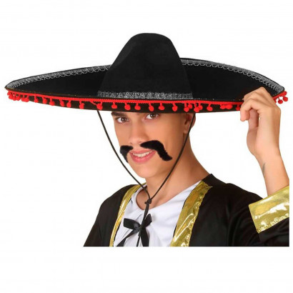 Clásica sombrero mexicano de fieltro color negro, relieve de plata y bolas rojas para jóvenes y adultos para carnaval, halloween y celebraciones. Tamaño 16 x 55 x 55