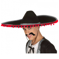 Clásica sombrero mexicano de fieltro color negro, relieve de plata y bolas rojas para jóvenes y adultos para carnaval, halloween y celebraciones. Tamaño 16 x 55 x 55