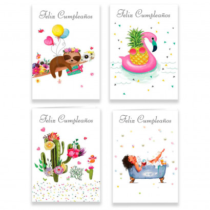 Postales de "Feliz cumpleaños" surtidos con 4 diseños distintos de color lila. Cumpleaños, celebraciones, familia, amigos, fiestas. 19,5 x 14 x 0,2 cm