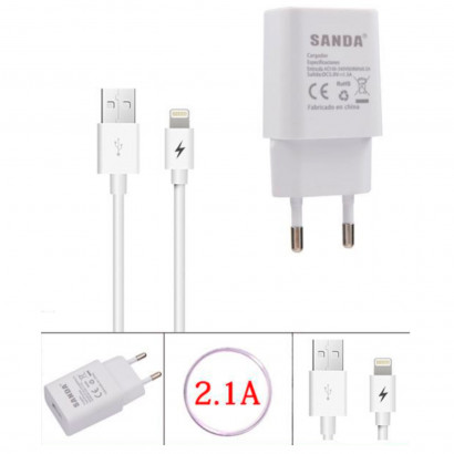 Cargador de móvil, modelo 2.1A, carga rápida, smartphone, para enchufe de pared, hogar, viaje, cable de 100 cm, blanco