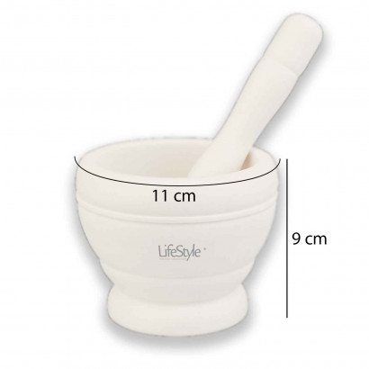 Mortero de plastico resistente, diámetro 11 cm con mazo de 18 cm. Mortero manual de cocina para moler ajo, especias y hierbas