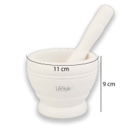 Mortero de plastico resistente, diámetro 11 cm con mazo de 18 cm. Mortero manual de cocina para moler ajo, especias y hierbas