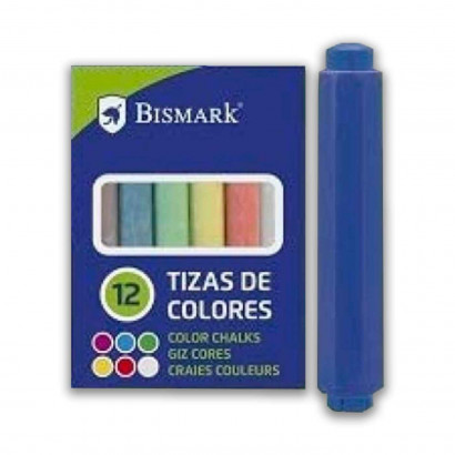 Set de 12 tizas de colores con un portatizas, 6 colores diferentes, portatizas de plástico resistente. Escuela, institutos, enseñaza. 