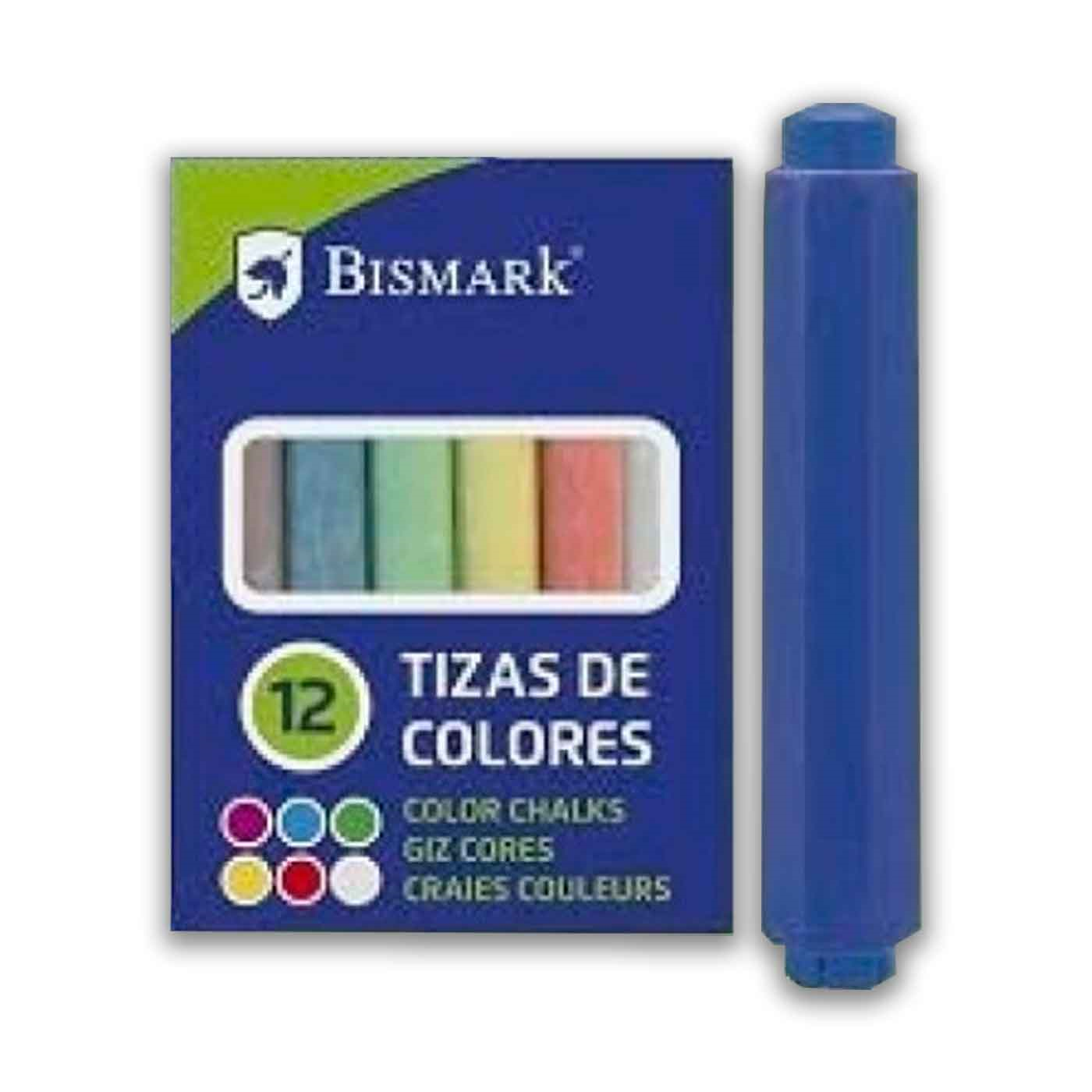 Set de 12 tizas de colores con un portatizas, 6 colores diferentes, portatizas de plástico resistente. Escuela, institutos, enseñaza. 