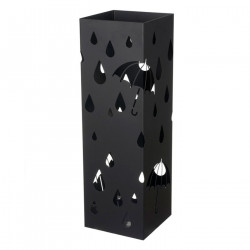 Paragüero cuadrado de metal negro 49 x 15,6 x 15,4 cm, diseño de lluvia, soporte para paraguas con recipiente de plástico, ideal