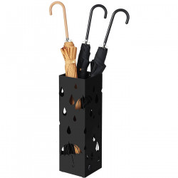 Paragüero cuadrado de metal negro 49 x 15,6 x 15,4 cm, diseño de lluvia, soporte para paraguas con recipiente de plástico, ideal