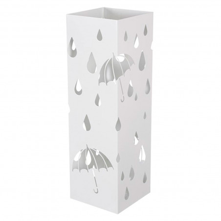 Paragüero cuadrado de metal blanco 49 x 15,4 x 15,4 cm, diseño de lluvia, soporte para paraguas con recipiente de plástico, idea