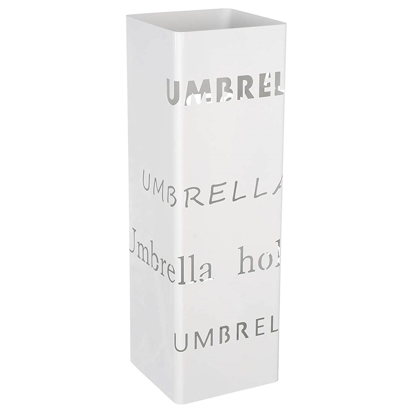 Paragüero blanco de metal cuadrado 49 x 16 x 15,8 cm, diseño letras umbrella holder, soporte para paraguas con recipiente de plástico, ideal para recibidor, oficina, espacios públicos, hogar