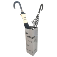 Paragüero de metal cuadrado gris 49 x 16 x 15,9 cm, diseño letras umbrella holder, soporte para paraguas con recipiente de plástico, ideal para recibidor, oficina, espacios públicos, hogar