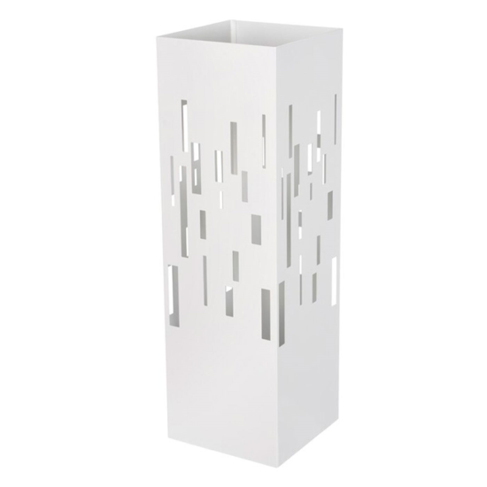 Paragüero metálico cuadrado blanco 49 x 15,5 x 15,4 cm, diseño minimalista, soporte para paraguas con recipiente de plástico, ideal para recibidor, oficina, espacios públicos, hogar