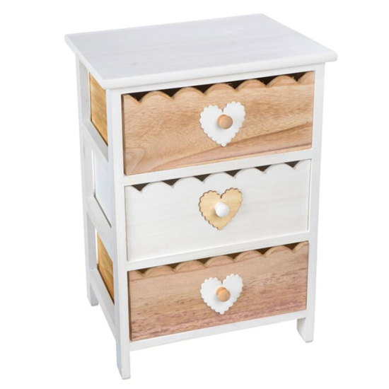 Cajonera blanca de madera con 3 cajones, 58 x 40 x 29 cm, diseño con corazones, torre de ordenación, mueble auxiliar almacenamiento, dormitorio, salón