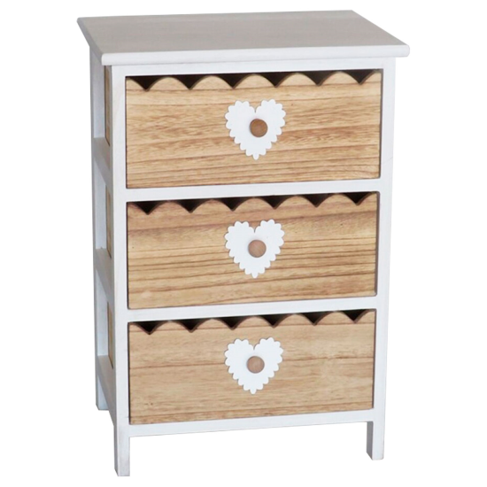 Cajonera de madera blanca con 3 cajones marrones, 58 x 40 x 29 cm, diseño con corazones, torre de ordenación, mueble auxiliar almacenamiento, dormitorio, salón