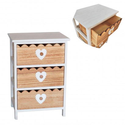 Cajonera de madera blanca con 3 cajones marrones, 58 x 40 x 29 cm, diseño con corazones, torre de ordenación, mueble auxiliar almacenamiento, dormitorio, salón