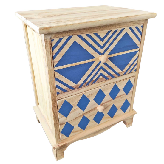 Cajonera de madera natural con 2 cajones, 45,5 x 36 x 26 cm, diseño con rombos azules, torre de ordenación, mueble auxiliar almacenamiento, dormitorio, salón