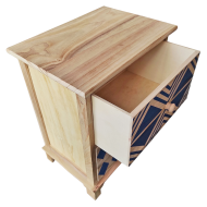 Cajonera de madera natural con 2 cajones, 45,5 x 36 x 26 cm, diseño con rombos azules, torre de ordenación, mueble auxiliar almacenamiento, dormitorio, salón