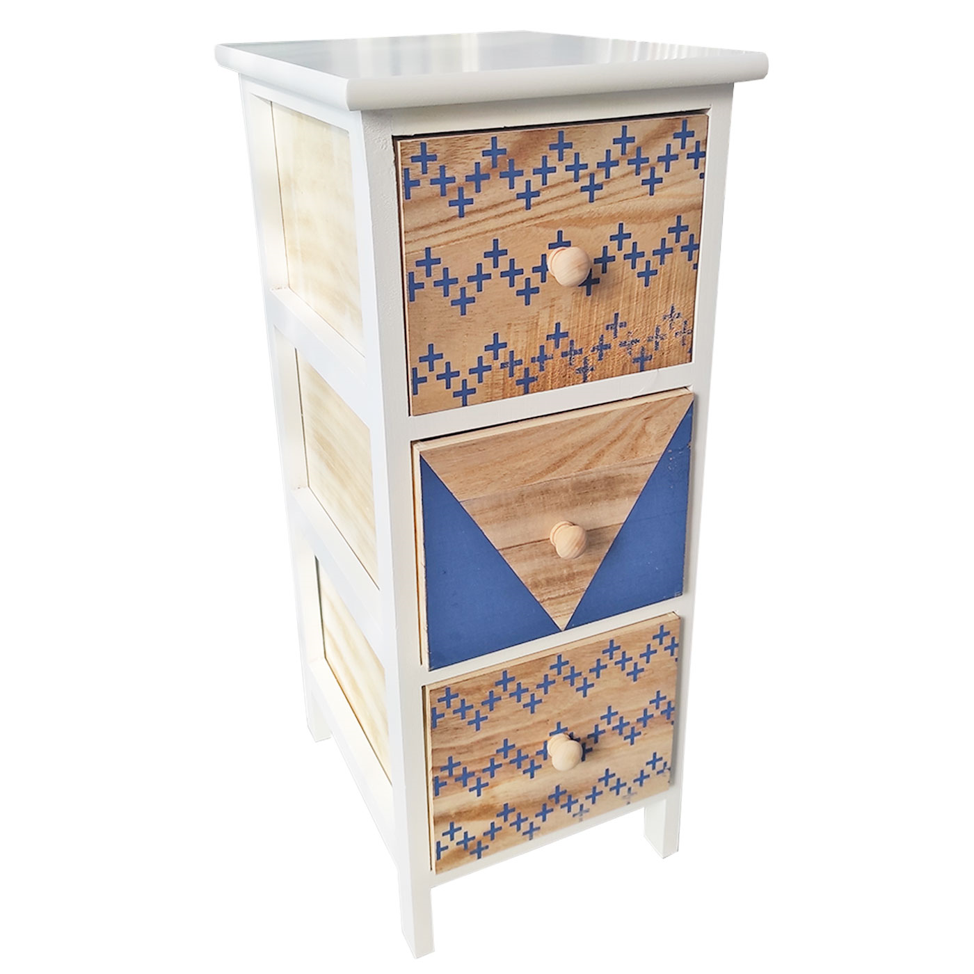 Cajonera blanca de madera, 3 cajones, 62,5 x 26 x 32 cm, diseño con cruces azules, torre de ordenación, mueble auxiliar almacenamiento, dormitorio, salón