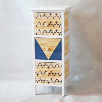 Cajonera blanca de madera, 3 cajones, 62,5 x 26 x 32 cm, diseño con cruces azules, torre de ordenación, mueble auxiliar almacenamiento, dormitorio, salón