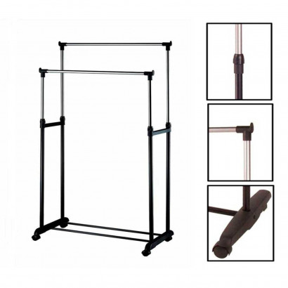 Perchero extensible doble con ruedas 80 x 43 x 90/160 cm, perchero burro con dos barras y estante para calzado, altura ajustable, acero y plástico negro, fácil montaje, dormitorio