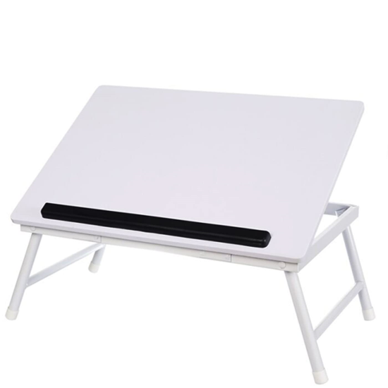 Mesa de madera plegable con estructura metálica, bandeja multiusos con patas para desayuno, cama, resistente (Blanco, 45 x 32 x 19 cm)