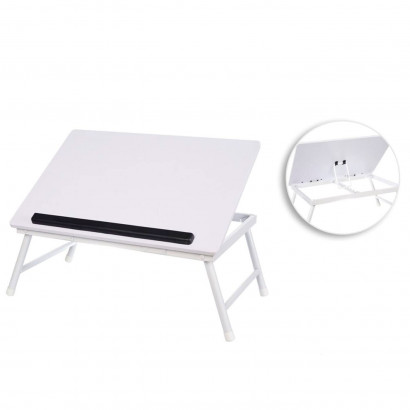 Mesa de madera plegable con estructura metálica, bandeja multiusos con patas para desayuno, cama, resistente (Blanco, 45 x 32 x 19 cm)