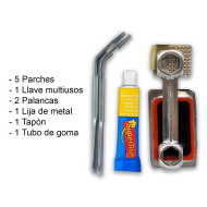 Kit de reparación de pinchazos, incluye 5 parches. 1 llave multiusos, 2 palancas desmonta cámaras, 1 lija de meta, 1 tapón, válvula neumático y 1 tubo de goma.